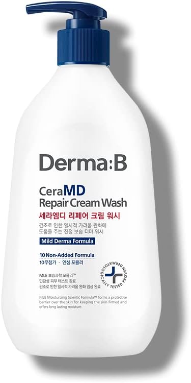 Derma B CeraMD Crème Lavante Réparatrice, Nettoyant Corps et Visage Crémeux, Sans Parfum, pour Peaux Sèches Sensibles et Sujettes aux Démangeaisons, Hydratation Intense, Sans Parabènes, Gel Douche Crème, 400ml