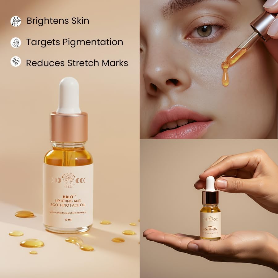BiE Halo - Huile visage nourrissante et apaisante au pur safran pour une peau plus lumineuse | Parfaite pour l'hyperpigmentation, les taches brunes et le teint terne | Pur Kumkumadi Tailam | Éclaircit et répare la peau | Pour hommes et femmes | 10ml