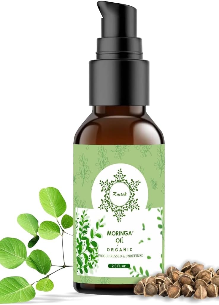 Raslok 100% Pure Wood Pressed Moringa Oil for Face, Hair and Dry Skin | Origin Moringa Oleifera Extract | Lightweight Face Oil, Natural Moisturizer 2 fl. oz.