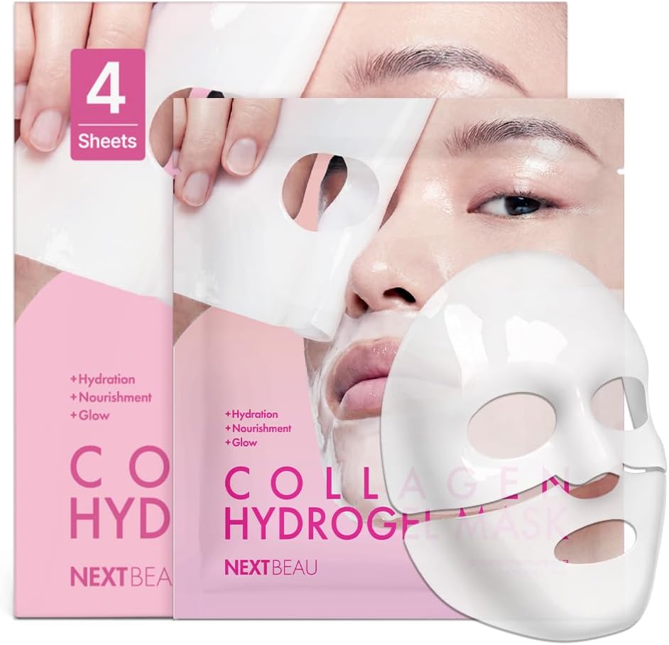 Masque Visage Hydrogel au Collagène NEXTBEAU (Lot de 4, 34g chacun / 1,19oz) – Masques Coréens au Collagène Hydrolysé, Acide Hyaluronique, Niacinamide & Peptides pour une Hydratation Profonde et une Peau Lisse et d'Apparence Saine