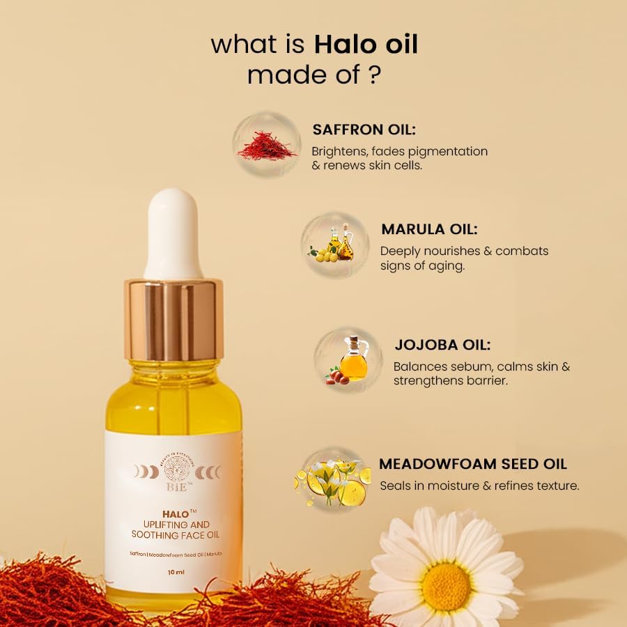 BiE Halo - Huile visage nourrissante et apaisante au pur safran pour une peau plus lumineuse | Parfaite pour l'hyperpigmentation, les taches brunes et le teint terne | Pur Kumkumadi Tailam | Éclaircit et répare la peau | Pour hommes et femmes | 10ml