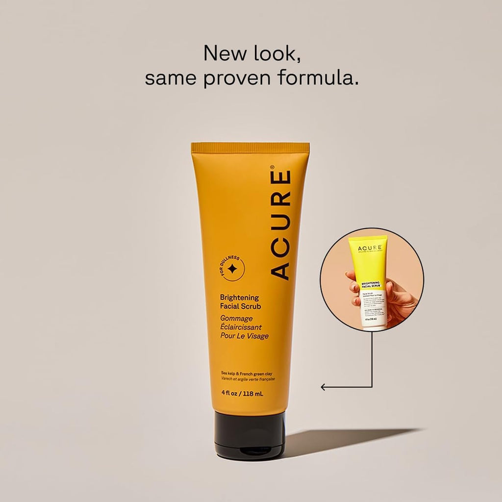 Acure Brightening Facial Scrub - Exfoliating Face Wash, Gentle Daily Scrubber & Exfoliator for Women & Men for Radiant Skin, Cleansing Wash with Sea Kelp & French Green Clay - 118ml