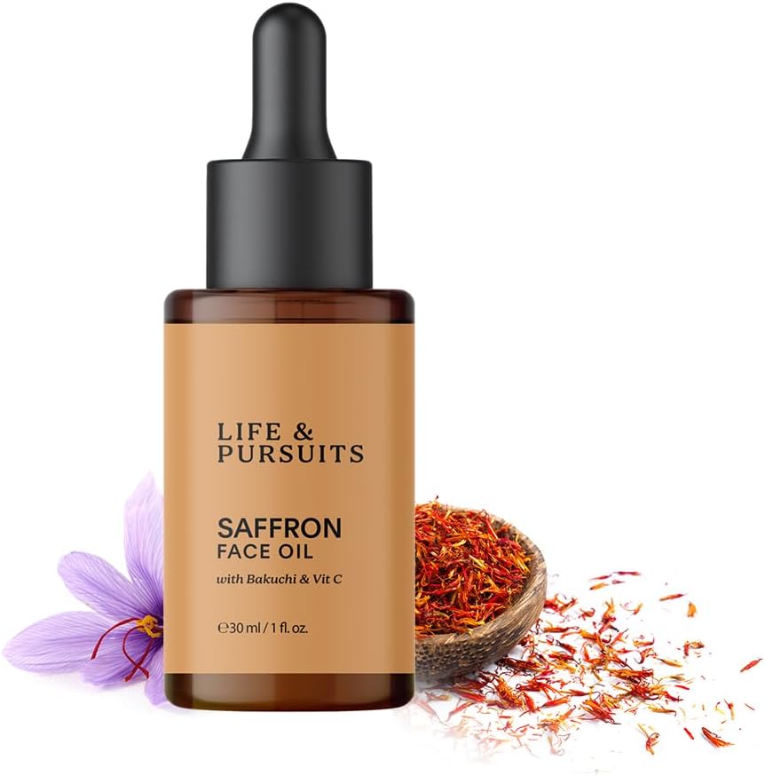 Life & Pursuits Huile Visage au Safran 30 ml avec Bakuchi/Bakuchiol (rétinol végétal), Vitamine C pour un teint éclatant, les taches brunes, les ridules et les rides. Huile de massage visage quotidienne légère | Anti-âge