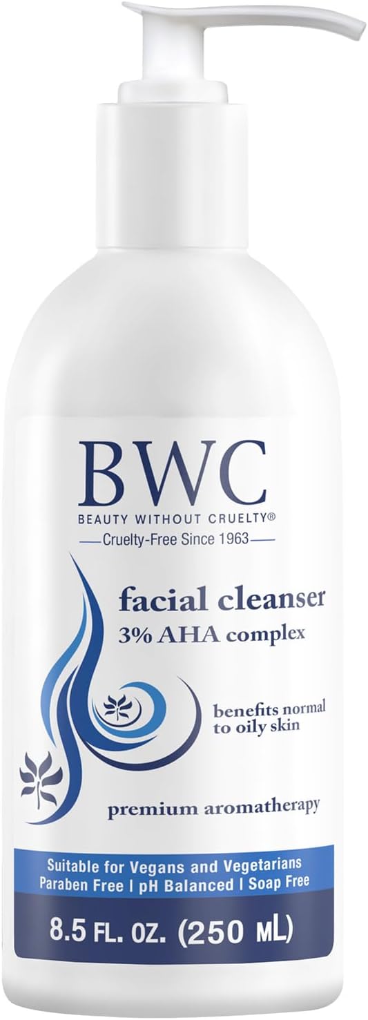 Nettoyant Visage AHA Beauty Without Cruelty – Nettoyant Exfoliant aux Ingrédients Botaniques et Huiles Essentielles, Bénéfique pour les Peaux Normales à Grasses, Végan et Non Testé sur les Animaux, 250 ml
