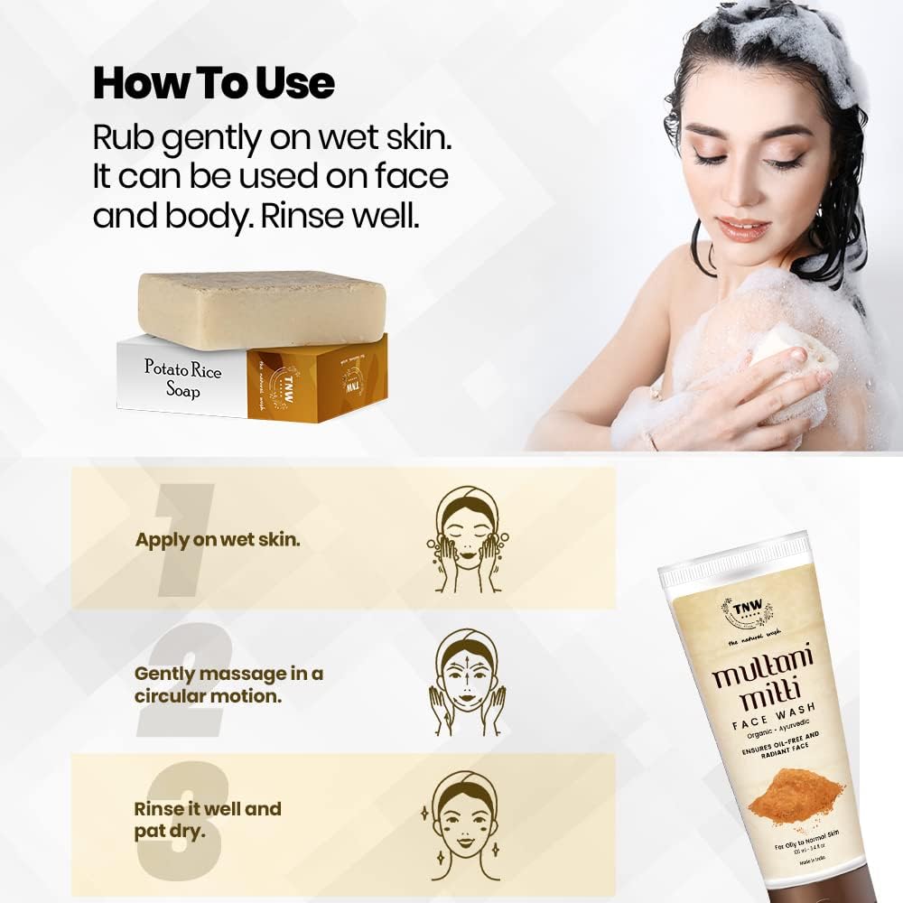 TNW-The Natural Wash Combo de Nettoyant Visage Multani Mitti & Savon Artisanal Pomme de Terre Riz | Nettoyant Visage Pour Peau Normale à Grasse. 100 ML | Le Savon Réduit le Bronzage, Diminue les Taches Brunes Pour Peau Grasse - 100 G