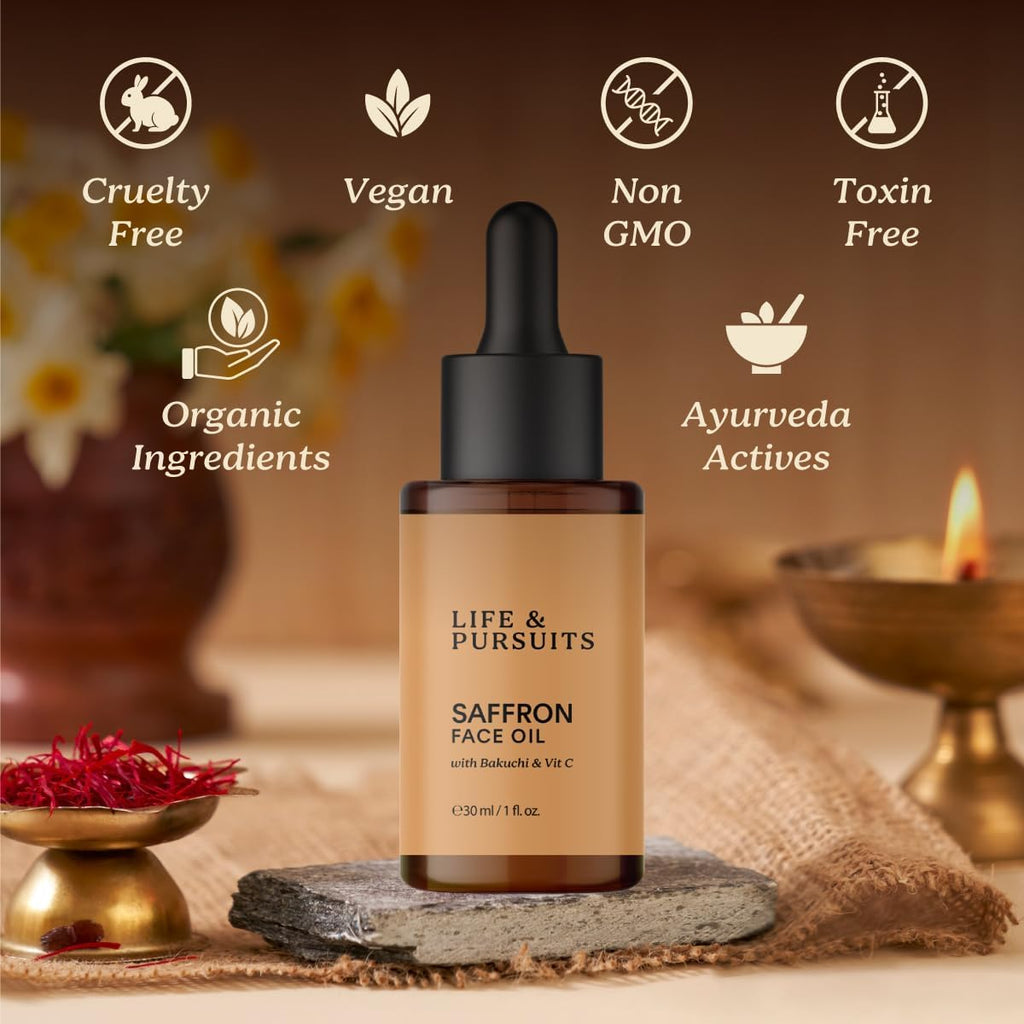 Life & Pursuits Huile Visage au Safran 30 ml avec Bakuchi/Bakuchiol (rétinol végétal), Vitamine C pour un teint éclatant, les taches brunes, les ridules et les rides. Huile de massage visage quotidienne légère | Anti-âge