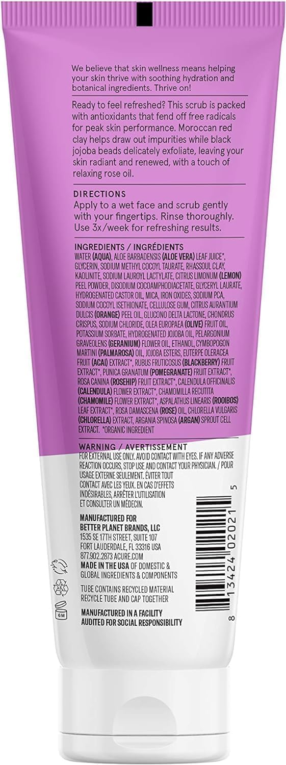 Gommage Éclat Visage Acure - Nettoyant exfoliant, Gommage et exfoliant doux quotidien pour femmes et hommes pour une peau éclatante, Nettoyant à base d'algues marines et d'argile verte française - 118 ml