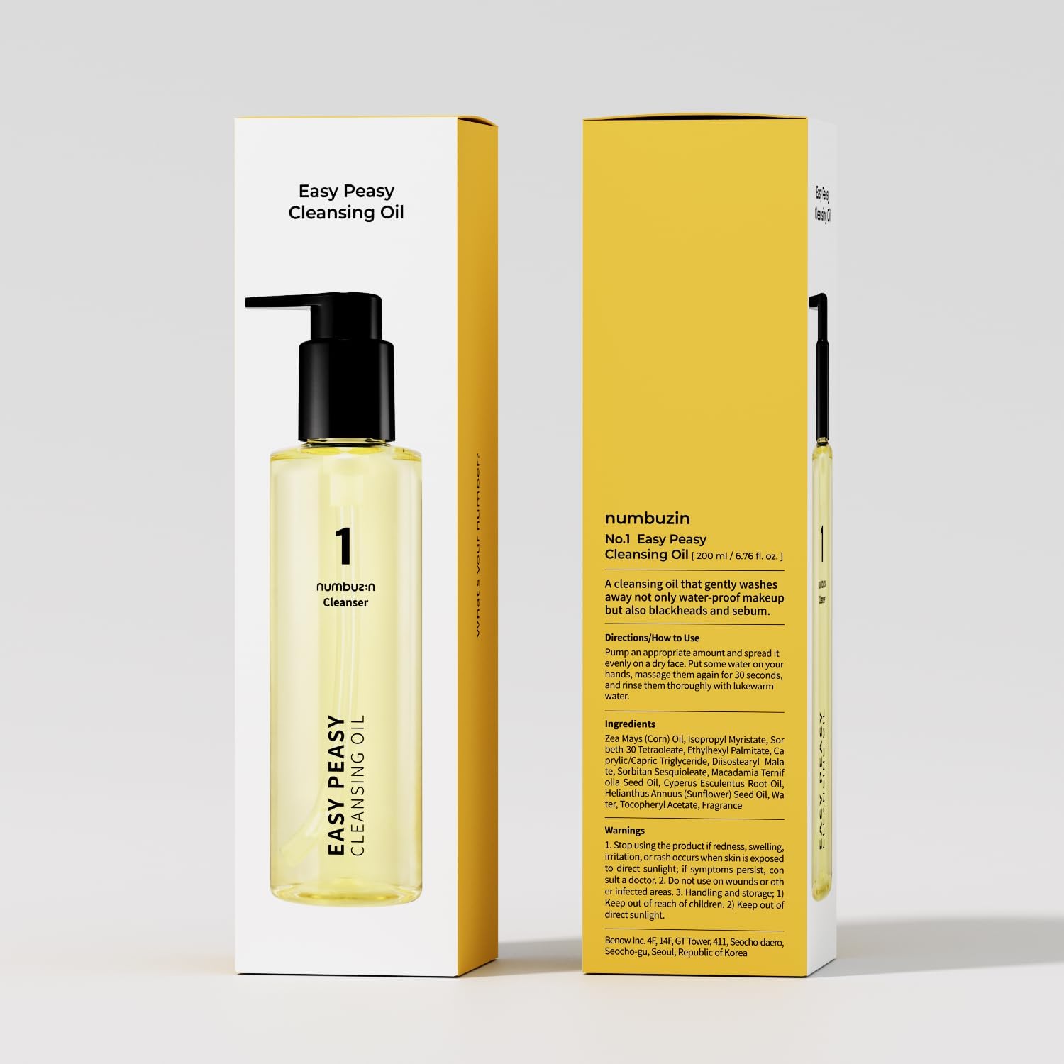 numbuzin No.1 Huile Démaquillante | Huile Nettoyante Facile | Nettoyant Visage Démaquillant | Ingrédients à base de maïs, graines de macadamia | Maquillage waterproof, Soin points noirs | Hydratant, Léger | 200 ml
