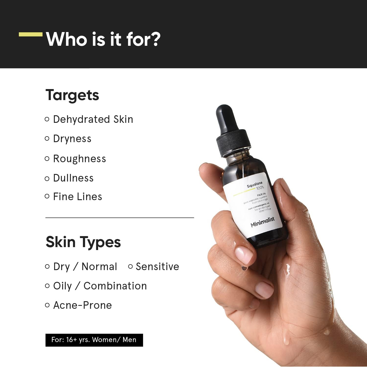 Huile Visage Minimaliste Hydratante | Squalane 100% | Ultra-légère et d'Origine Végétale | Hydratation Légère et Réduction des Ridules, 30 ml 1 fl oz (Lot de 1)