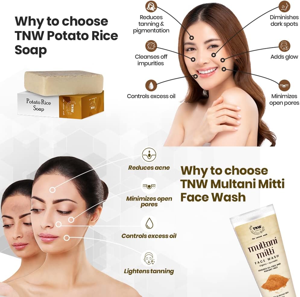 TNW-The Natural Wash Combo de Nettoyant Visage Multani Mitti & Savon Artisanal Pomme de Terre Riz | Nettoyant Visage Pour Peau Normale à Grasse. 100 ML | Le Savon Réduit le Bronzage, Diminue les Taches Brunes Pour Peau Grasse - 100 G