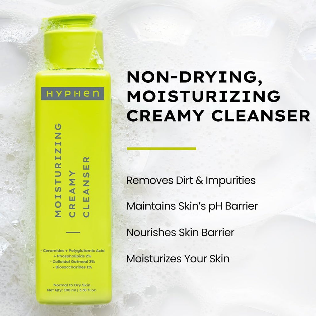 Hyphen Nettoyant Visage Crème Hydratant pour Peaux Sèches et Sensibles | 2 % Céramides et Acide Polyglutamique | Réparation de la Barrière Cutanée, Hydratation et Nettoyage Doux | Nettoyant Quotidien pour Hommes et Femmes - 100 ml