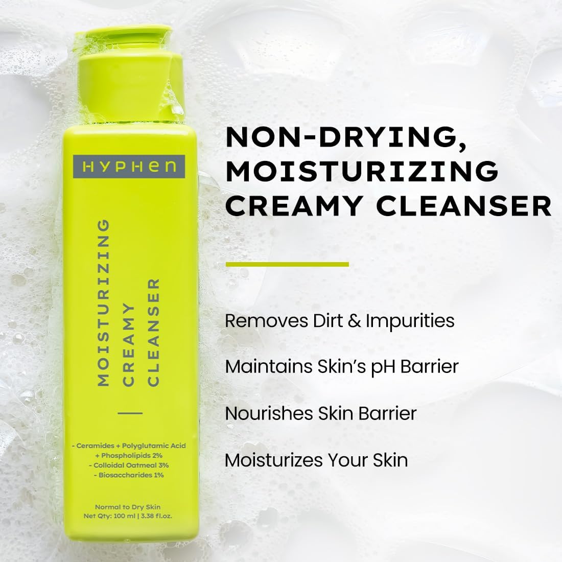 Hyphen Nettoyant Visage Crème Hydratant pour Peaux Sèches et Sensibles | 2 % Céramides et Acide Polyglutamique | Réparation de la Barrière Cutanée, Hydratation et Nettoyage Doux | Nettoyant Quotidien pour Hommes et Femmes - 100 ml