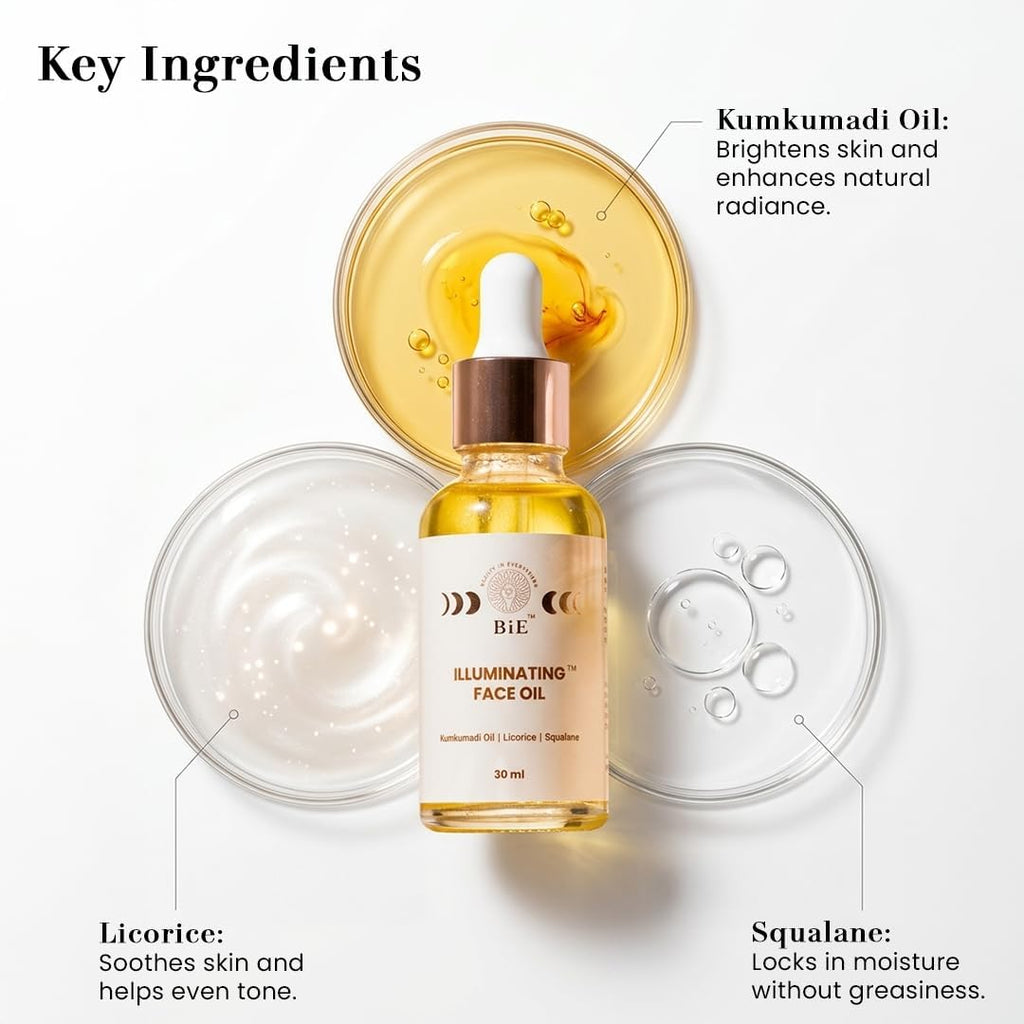 BiE (BEAUTY IN EVERYTHING) Huile Éclat Visage au Squalane et Kumkumadi pour un éclat et une luminosité instantanés | Pour peaux sèches, mixtes, sensibles | Huile visage pour hommes et femmes | Sans parfum ajouté | 10ml