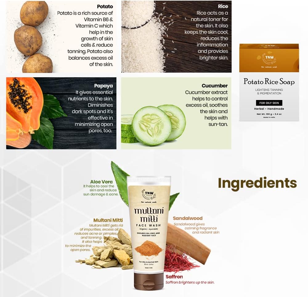 TNW-The Natural Wash Combo de Nettoyant Visage Multani Mitti & Savon Artisanal Pomme de Terre Riz | Nettoyant Visage Pour Peau Normale à Grasse. 100 ML | Le Savon Réduit le Bronzage, Diminue les Taches Brunes Pour Peau Grasse - 100 G