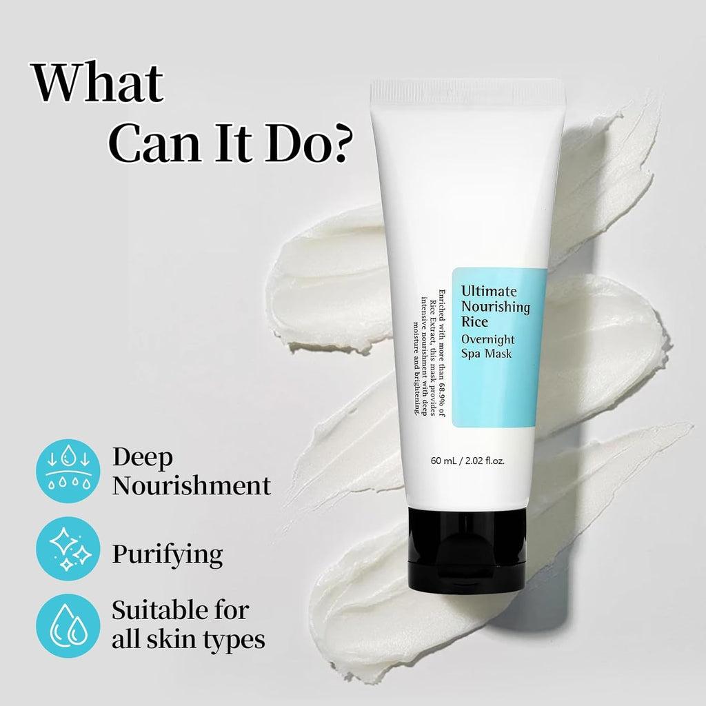 Ultimate Nourishing Rice Overnight Spa Mask 60ml, Overnight Elasticiy Boosting, Skin Barrier Care, Rice Extract 68% and Niacinamide 2% Korean Skincare, Facial Mask for Overnight Firming and Hydration