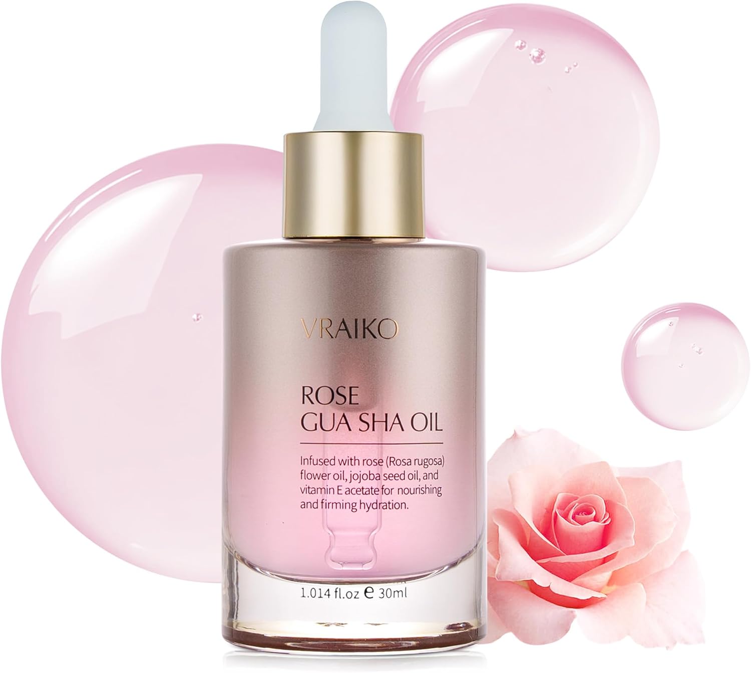 Sérum Huile Visage Gua Sha VRAIKO | Fleur de Rosa Rugosa, Huile de Jojoba et d'Olive | Hydratant & Revitalisant | À base de plantes, sans cruauté animale, naturel | 30 ml (1 fl oz)