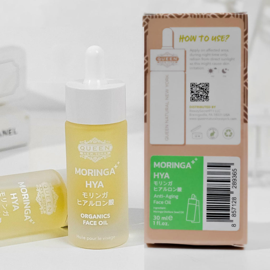 QUEEN MORINGA HYA – Moringa Bio Naturelle et Acide Hyaluronique – Hydratant – Huile Visage Hydratante Éclat Naturel – Légère, Absorption Rapide, Non-comédogène – Sans Parfum