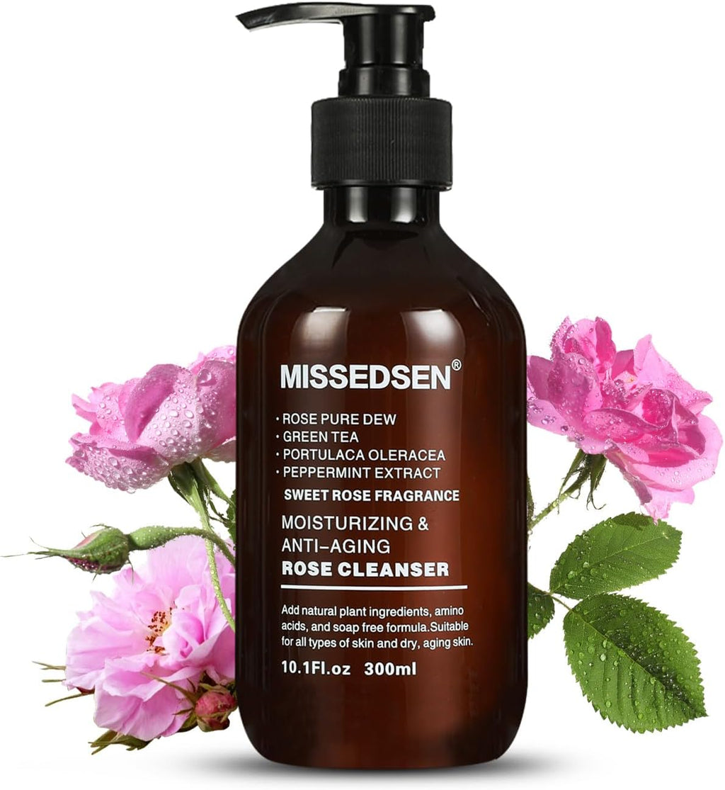 Rose Facial Cleanser Makeup Remover, Daily Face Wash Gentle Deep Pore Cleansing for Dry,Sensitive,Oily & Combination Skin Soap Free,Fragrance Free,Dye Free (300ml)