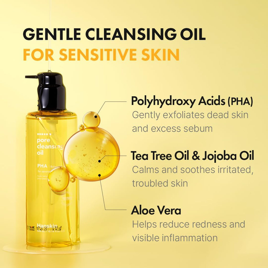 (PHA - Pour peaux sensibles) - HANSKIN Huile Démaquillante Nettoyante Points Noirs Visage PHA Hydratant Peaux Sensibles Naturel Biologique (300ml)