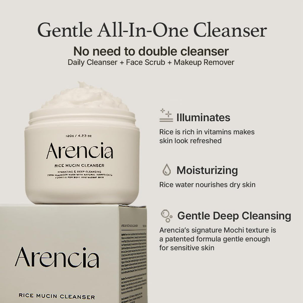 ARENCIA Rice Mucin Cleanser 120g - Hydrating Facial Cleanser for Brightening and Soothing Sensitive Skin