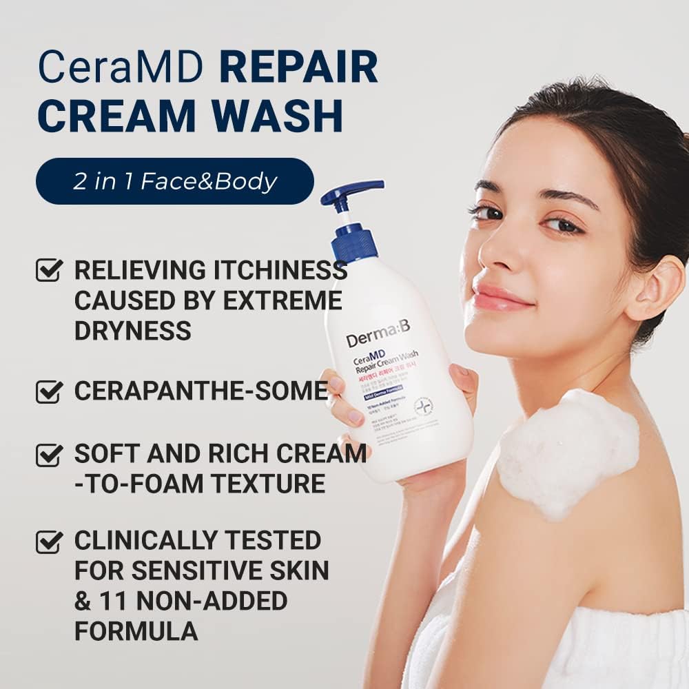 Derma B CeraMD Crème Lavante Réparatrice, Nettoyant Corps et Visage Crémeux, Sans Parfum, pour Peaux Sèches Sensibles et Sujettes aux Démangeaisons, Hydratation Intense, Sans Parabènes, Gel Douche Crème, 400ml