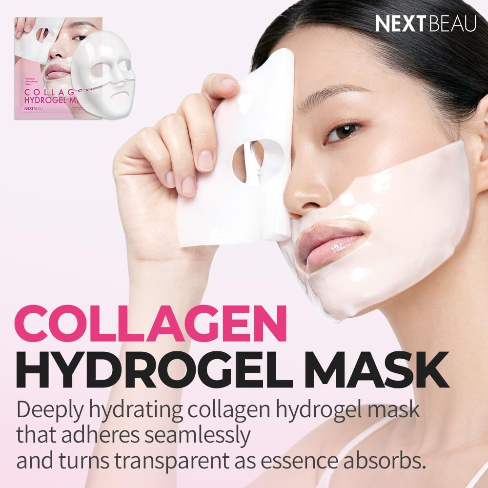Masque Visage Hydrogel au Collagène NEXTBEAU (Lot de 4, 34g chacun / 1,19oz) – Masques Coréens au Collagène Hydrolysé, Acide Hyaluronique, Niacinamide & Peptides pour une Hydratation Profonde et une Peau Lisse et d'Apparence Saine