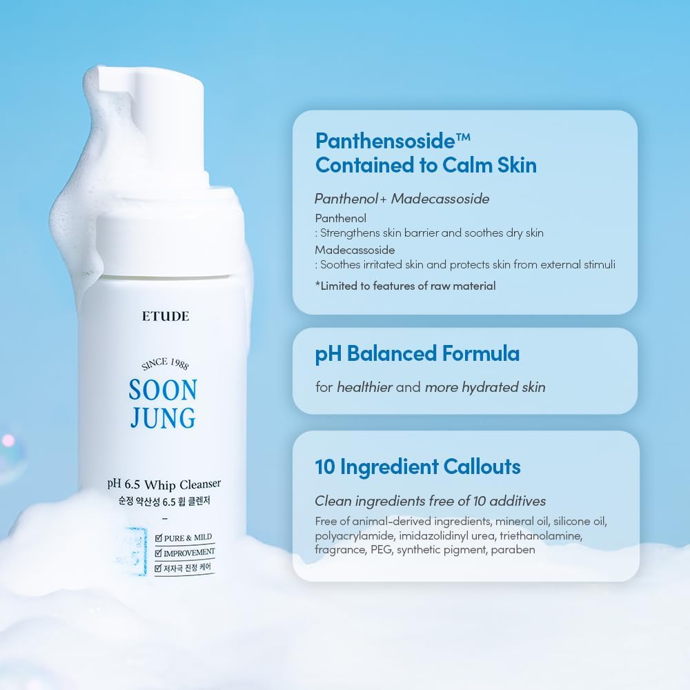ETUDE SoonJung 5.5 Foam Cleanser | Soft Bubble Hydrating Vegan Facial Cleanser for Sensitive Skin | Fragrance-Free Low-pH Korean Cleansing Wash | K-Beauty | Vegan 5.1 fl. oz. (150ml)
