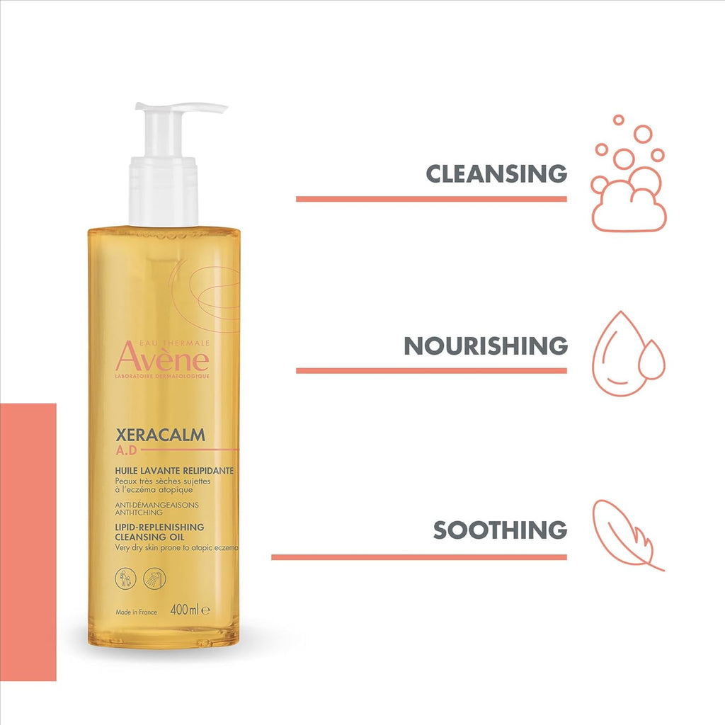 Avene Xeracalm A.D Lipid-Replenishing Cleansing Oil 400ML - Gentle Soap-Free Cleanser, Provides 24h hydration*, Suitable for, babies, children and adults