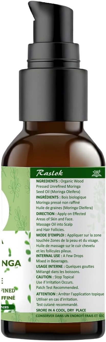 Raslok 100% Pure Wood Pressed Moringa Oil for Face, Hair and Dry Skin | Origin Moringa Oleifera Extract | Lightweight Face Oil, Natural Moisturizer 2 fl. oz.