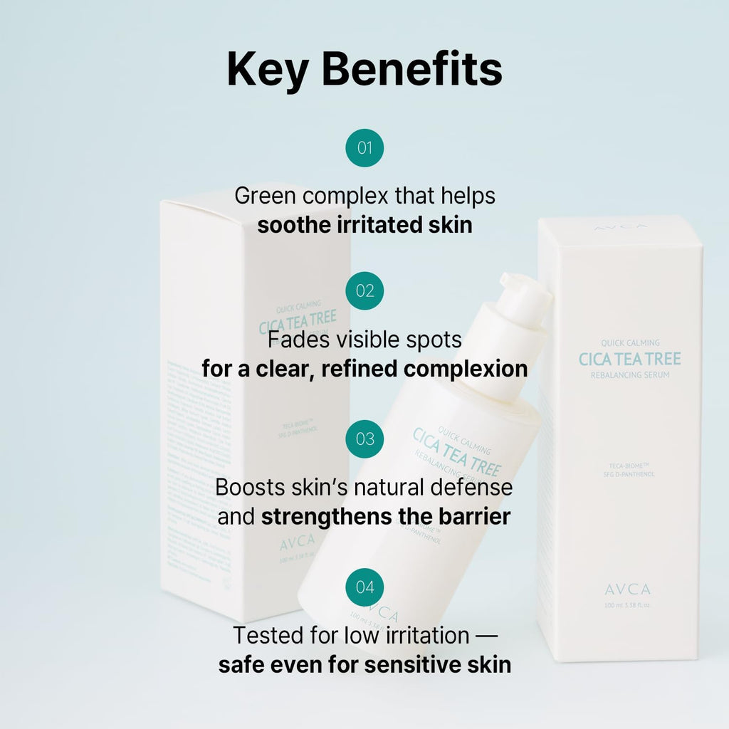 Sérum AVCA Quick Calming Cica Tea Tree 100ml – Niacinamide & Panthénol, Apaisant pour les rougeurs et les peaux sensibles sujettes aux imperfections, Équilibrant le sébum K-Beauty