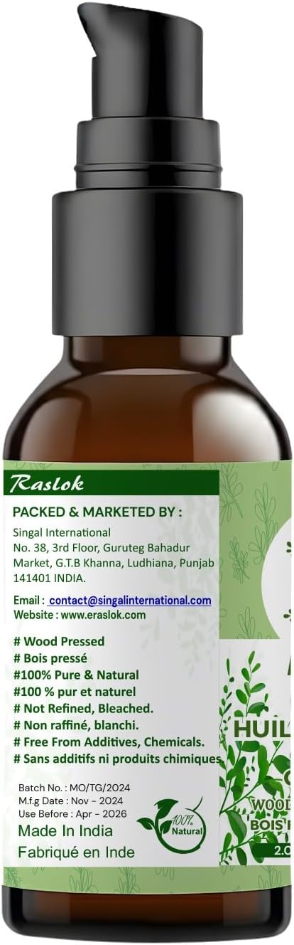 Raslok 100% Pure Wood Pressed Moringa Oil for Face, Hair and Dry Skin | Origin Moringa Oleifera Extract | Lightweight Face Oil, Natural Moisturizer 2 fl. oz.