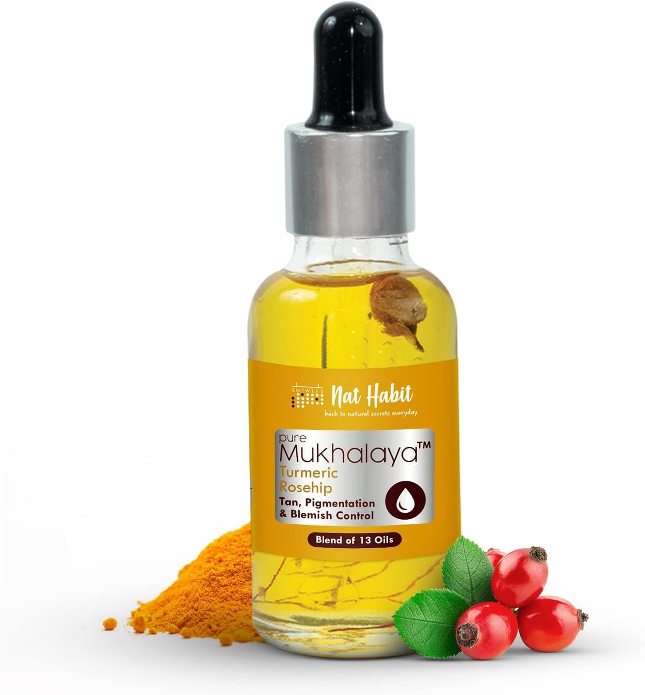 Nat Habit Huile Visage Curcuma Rose Musquée Mukhalaya Pour Bronzage, Pigmentation & Contrôle des Imperfections, avec Mélange de 13 Huiles Pressées à Froid, Pour Soins Naturels du Visage, Sans Huile Minérale ni Produit Chimique (30ml)