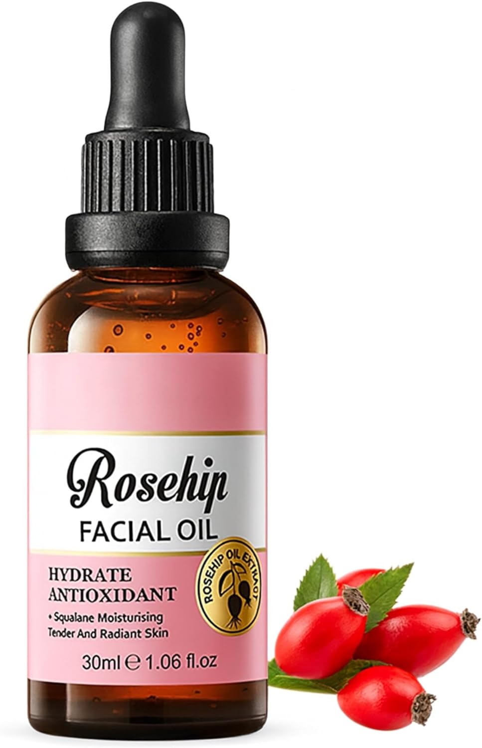 Huile Visage Églantier et Squalane, Hydratante et Éclaircissante, Améliore la Texture de la Peau, Adoucit les Rides et Illumine le Teint – Hydratant Léger pour Tous Types de Peau (30 ml)