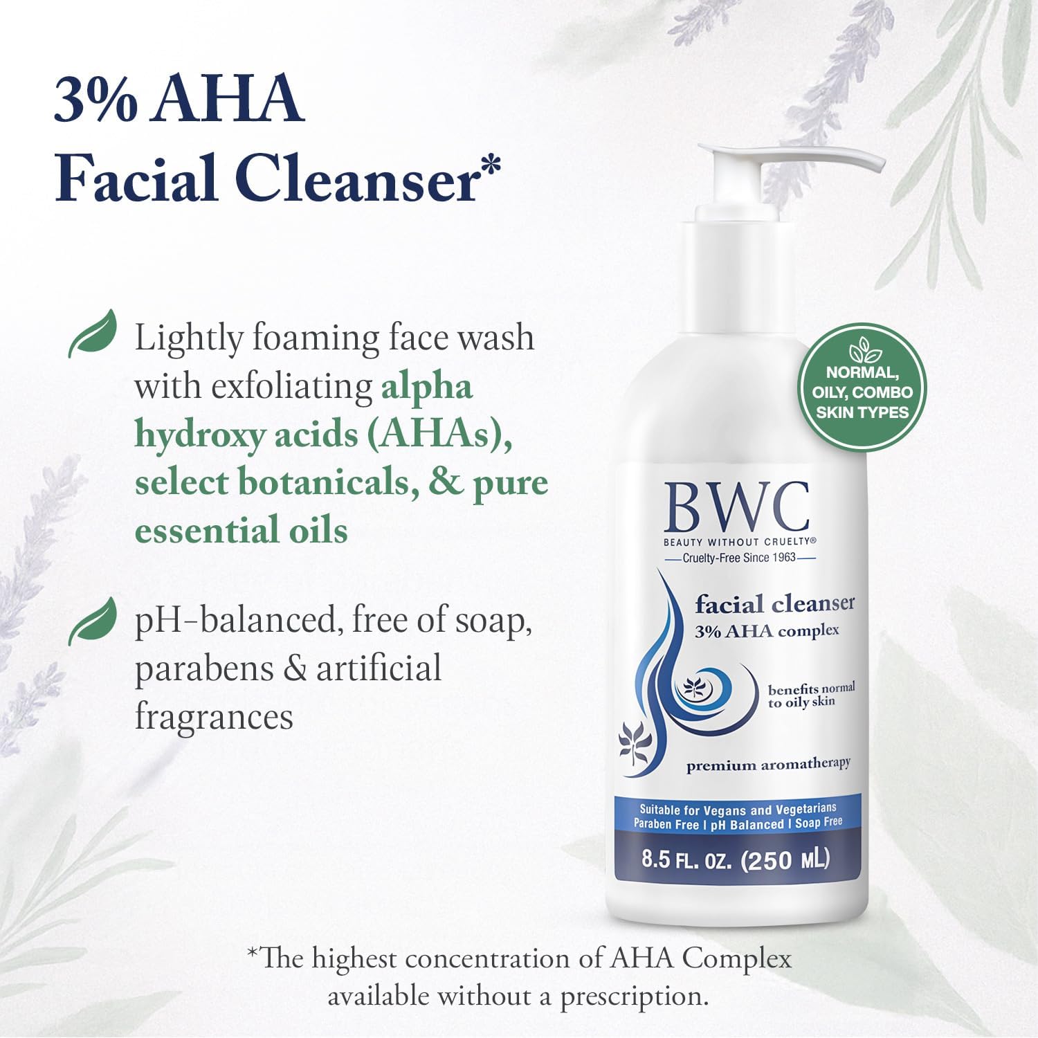 Nettoyant Visage AHA Beauty Without Cruelty – Nettoyant Exfoliant aux Ingrédients Botaniques et Huiles Essentielles, Bénéfique pour les Peaux Normales à Grasses, Végan et Non Testé sur les Animaux, 250 ml