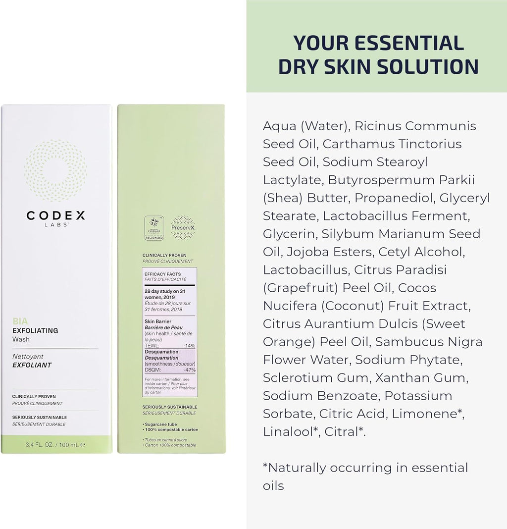 Nettoyant exfoliant visage Bia Codex Labs 2.0 - Nettoyant doux pour le visage pour femmes, peaux sèches et sensibles - Nettoyant visage vegan au jojoba et au chardon-marie, tous types de peau, soin sans cruauté animale (100ml)
