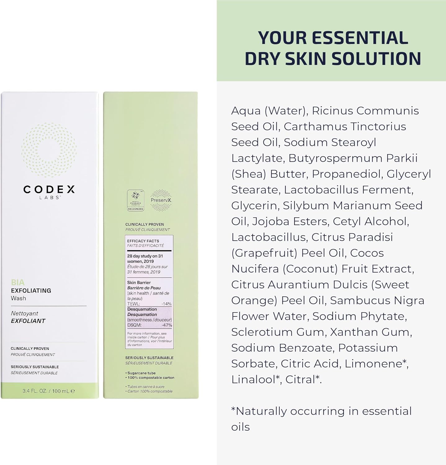 Nettoyant exfoliant visage Bia Codex Labs 2.0 - Nettoyant doux pour le visage pour femmes, peaux sèches et sensibles - Nettoyant visage vegan au jojoba et au chardon-marie, tous types de peau, soin sans cruauté animale (100ml)