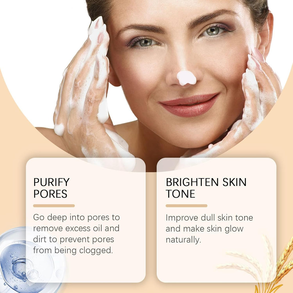 Nettoyant Moussant Visage à l'Eau de Riz Bright - Nettoyant doux quotidien hydratant et émollient pour le visage, avec mousse crémeuse, nettoie les pores en profondeur sans dessécher, pour équilibrer les peaux sensibles et grasses (2 pièces)