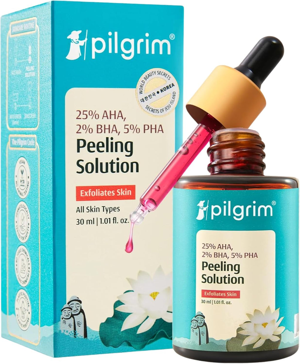 Pilgrim 25% AHA + 2% BHA + 5% PHA Peeling Solution 30ml For Face & Body |10-Minute Facial At Home|Gentle Exfoliating Serum for Tan Removal |For Glowing Skin, Even Skin Tone, Pore Cleansing |Men, Women