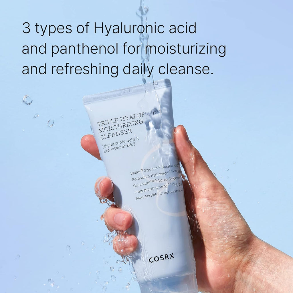 Cosrx Hydrium Triple Hyaluronic Moisturizing Cleanser, Nettoyant visage moussant crémeux, Élimine les impuretés et les résidus de maquillage, Retient l'humidité, 1 unité
