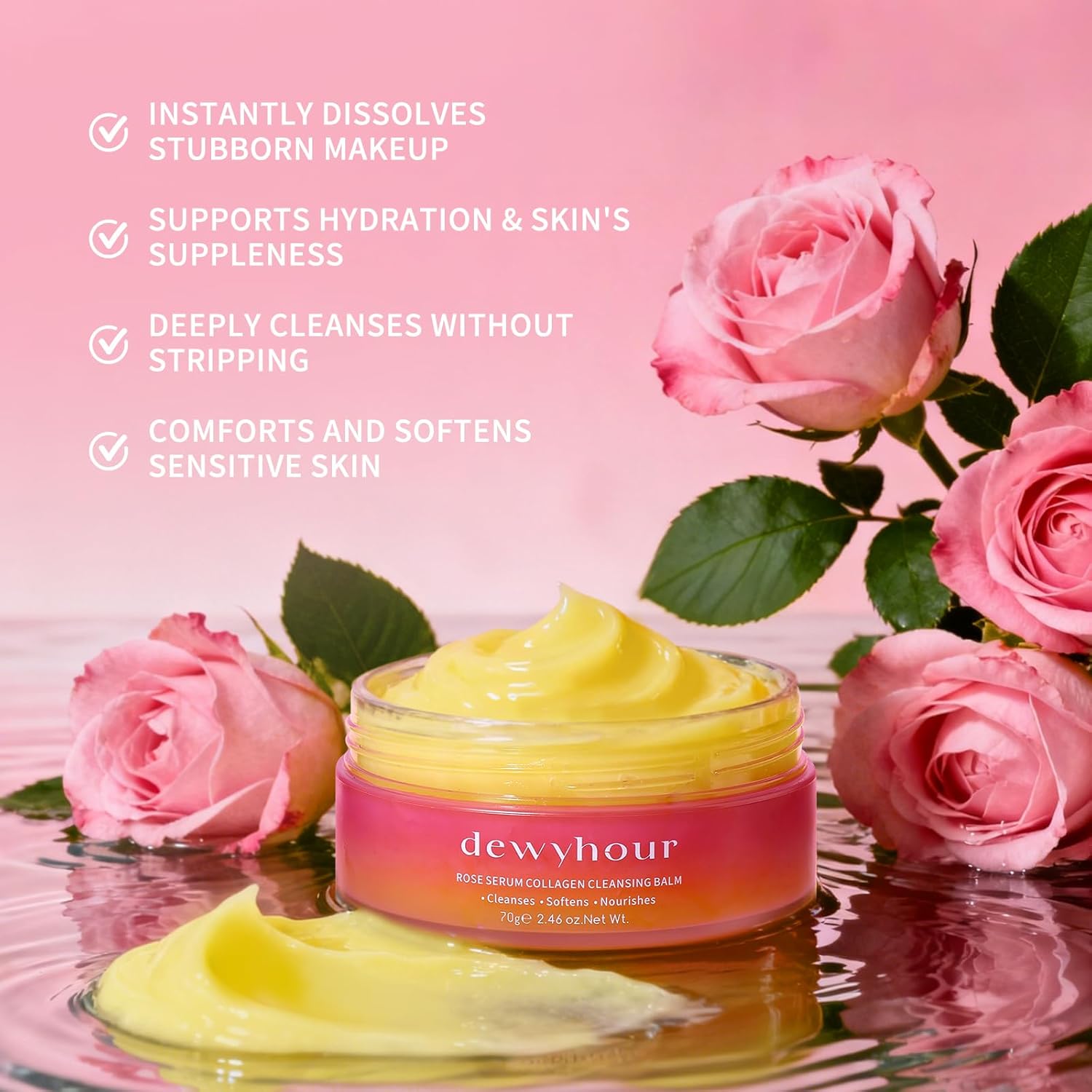 dewyhour Rose Serum Collagen Cleansing Balm - Gentle Melting Makeup Remover & Pore Cleanser, Hydrating Face Cleanser for All Skin Types | Vegan Korean Skincare 2.46oz