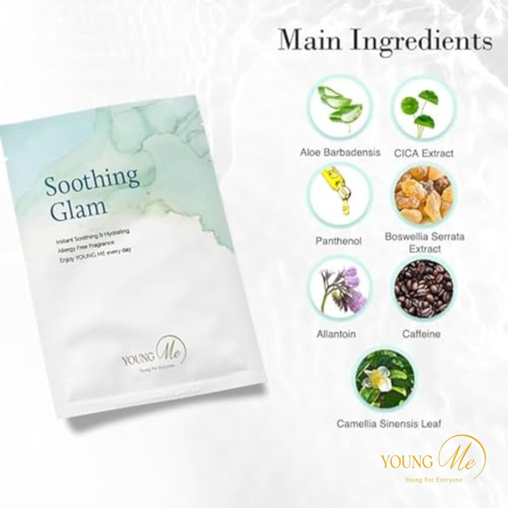 Masque Tissu Coréen Apaisant et Glamour YoungMe 25g 1 Unité | Hydratation Après-Soleil Masque Visage Apaisant infusé d'Aloe Vera, CICA, Acide Hyaluronique