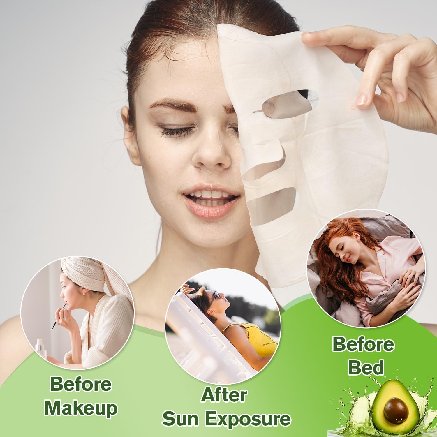 Avocado Face Mask – 10-Pack Korean Sheet Mask for Hydrating & Nourishing Skin, Facial Masks with Collagen, Ideal for Dry & Dull Skin – Face Masks Skincare