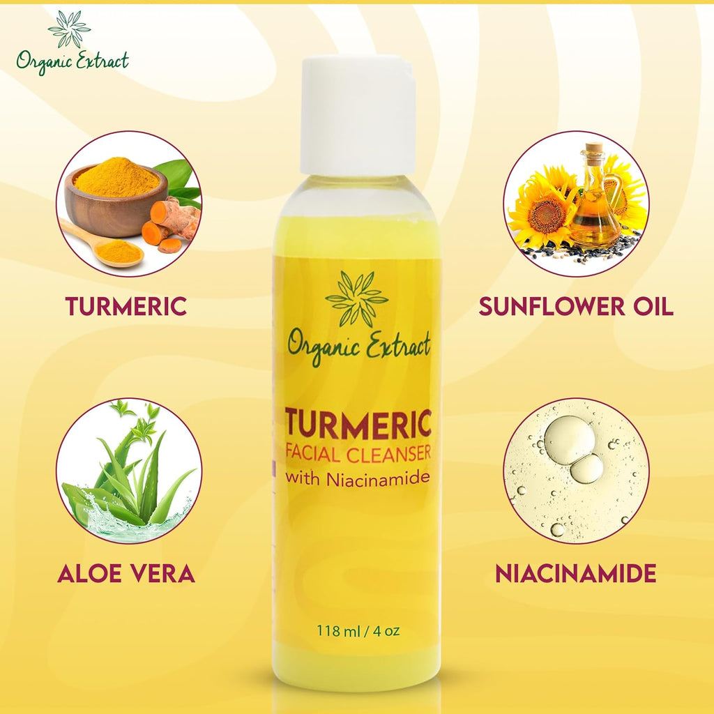 Nettoyant visage au curcuma - 4 fl oz / 118 ml - Nettoyant doux pour le visage pour peaux ternes et sujettes à l'acné - Nettoyant exfoliant quotidien pour le visage contre les taches de vieillesse, les dommages causés par le soleil - avec Niacinamide