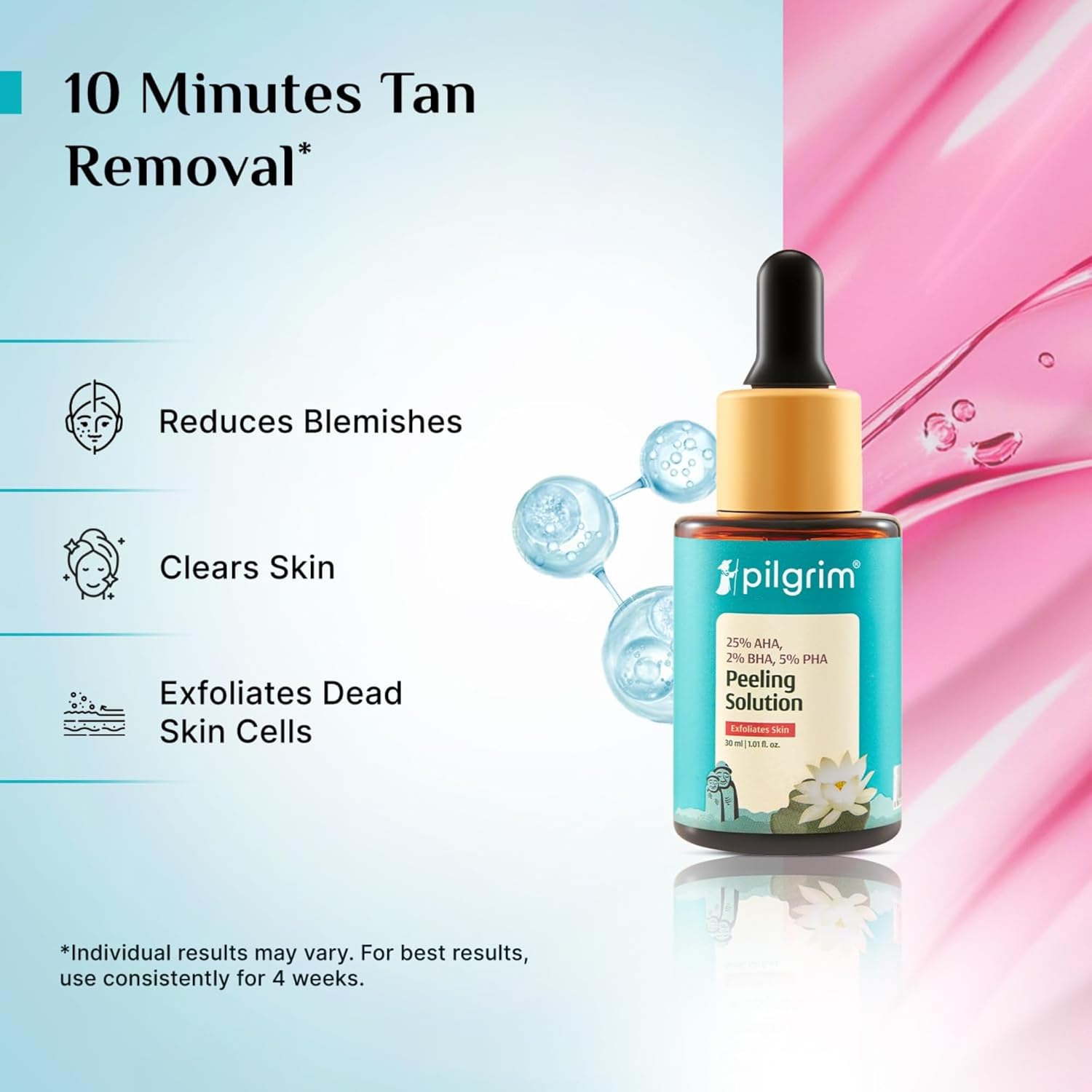 Pilgrim Solution Peeling 25% AHA + 2% BHA + 5% PHA 30ml Pour le Visage & le Corps |Soin Visage de 10 Minutes à Domicile|Sérum Exfoliant Doux pour Éliminer le Bronzage |Pour une Peau Éclatante, un Teint Uniforme, des Pores Nettoyés |Hommes, Femmes