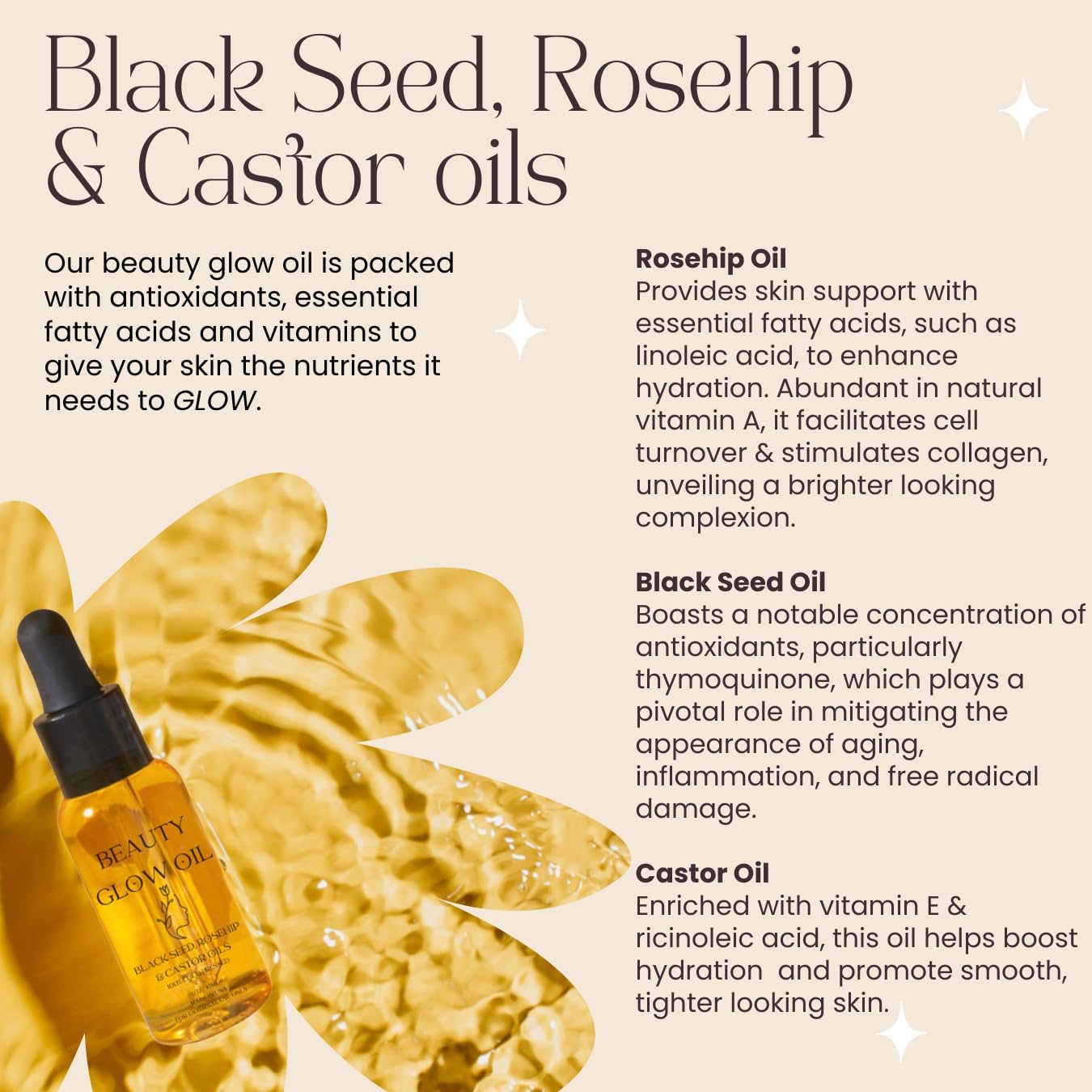 Huile de cumin noir, huile de rose musquée, huile de ricin bio pressée à froid pour le visage, hydratant anti-âge miracle, sérum facial, soins naturels de la peau, fortifiant, hydrate la peau, huile de beauté hydratante et éclatante, 30 ml