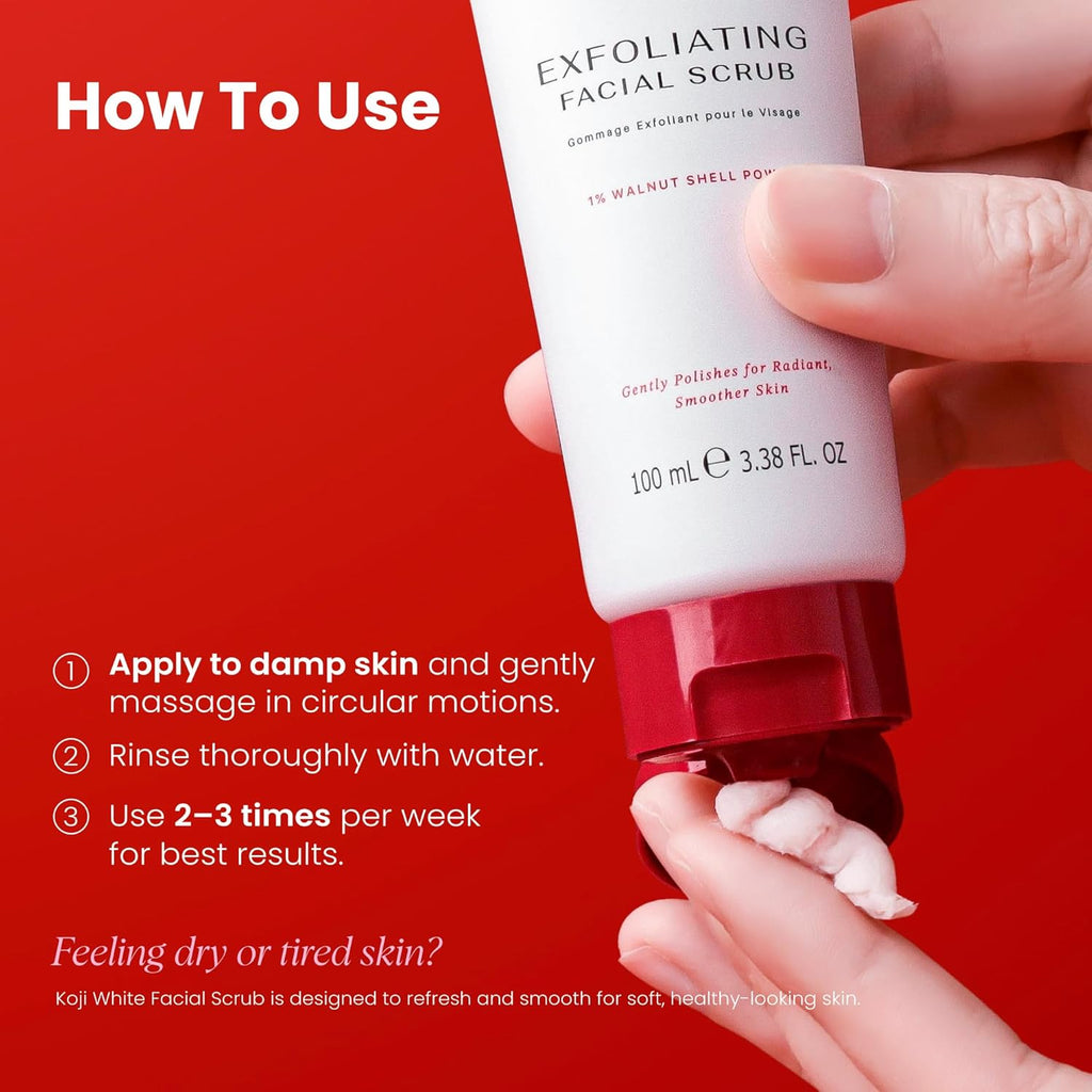 Gommage exfoliant Koji White pour le visage, nettoyant doux pour le visage avec 1% de poudre de noix, AHA, dipalmitate d'acide kojique et acide hyaluronique | Hydratant, sans parfum, végétalien, 100 ml (3,38 fl oz)