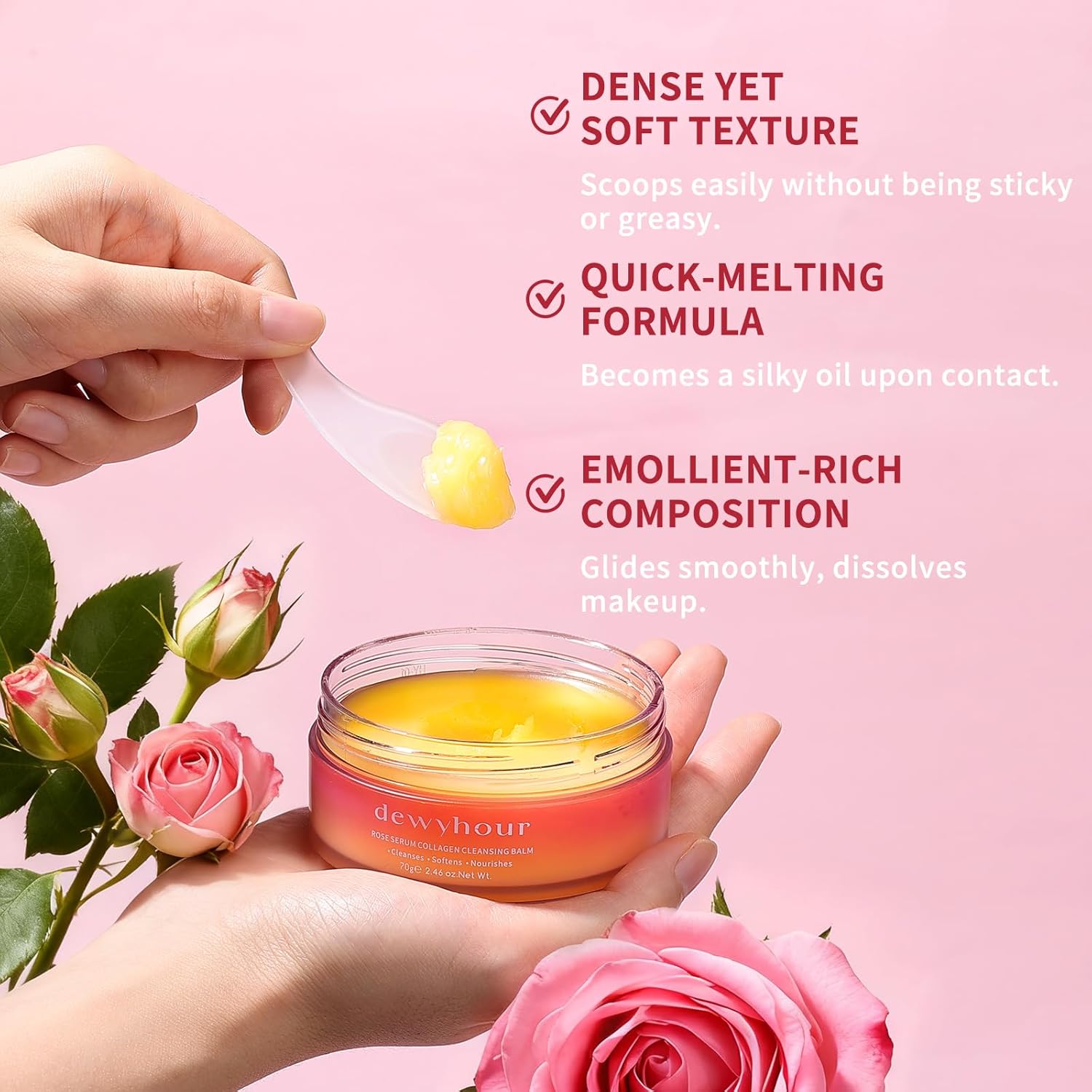 dewyhour Rose Serum Collagen Cleansing Balm - Gentle Melting Makeup Remover & Pore Cleanser, Hydrating Face Cleanser for All Skin Types | Vegan Korean Skincare 2.46oz