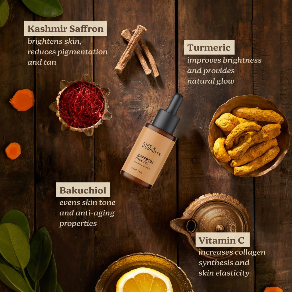Life & Pursuits Huile Visage au Safran 30 ml avec Bakuchi/Bakuchiol (rétinol végétal), Vitamine C pour un teint éclatant, les taches brunes, les ridules et les rides. Huile de massage visage quotidienne légère | Anti-âge