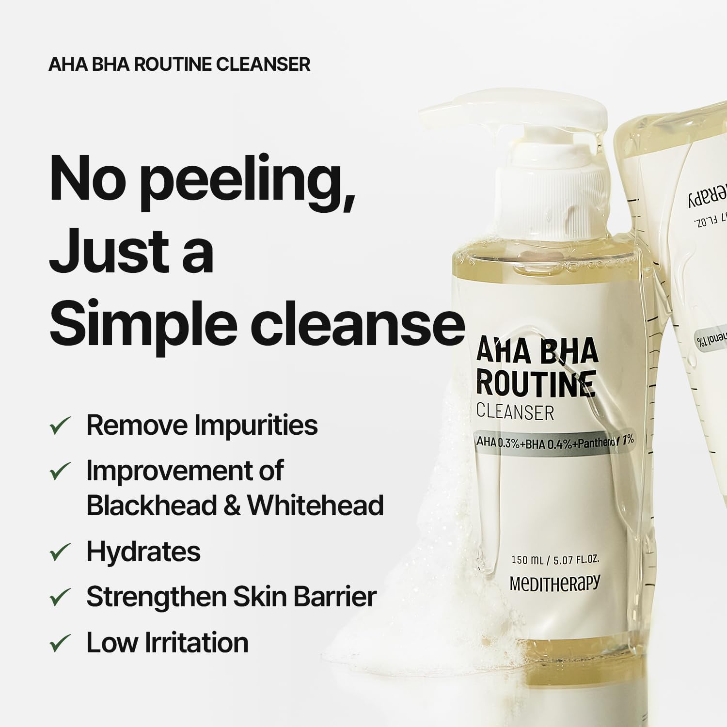 MEDITHERAPY Aha Bha Routine Cleanser 5.07 Fl. Oz – Mild Acne Face Wash for Sensitive Skin – Gel Type Deep Pore Cleanser, Blackhead Remover, Exfoliating – Korean Skin Care