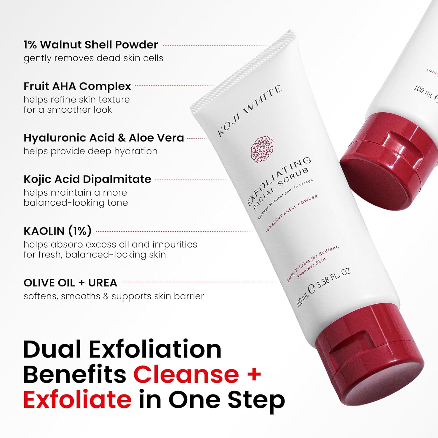 Gommage exfoliant Koji White pour le visage, nettoyant doux pour le visage avec 1% de poudre de noix, AHA, dipalmitate d'acide kojique et acide hyaluronique | Hydratant, sans parfum, végétalien, 100 ml (3,38 fl oz)